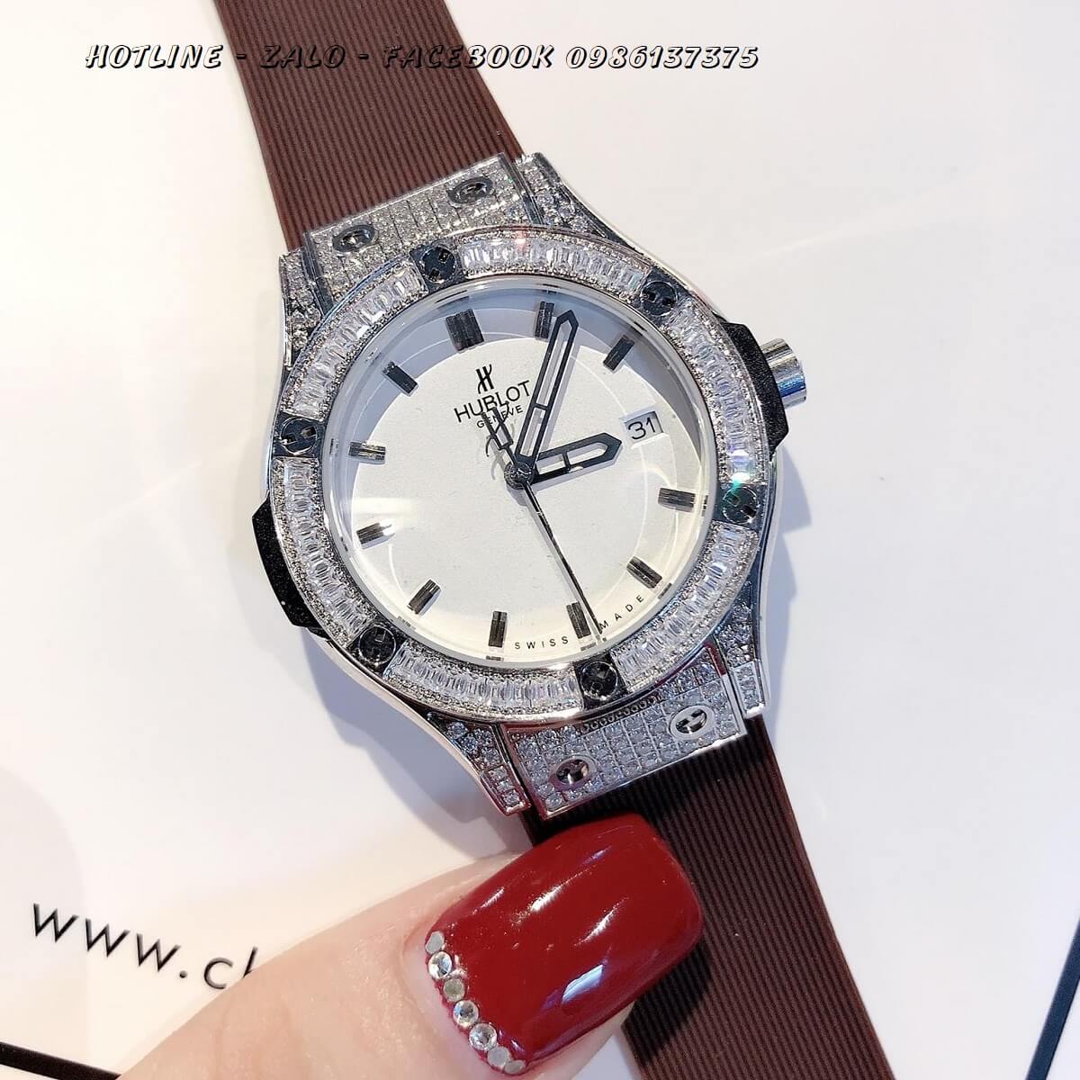 Đồng Hồ Hublot Nữ Dây Silicon Nâu Mặt Trắng 34mm (Silver)