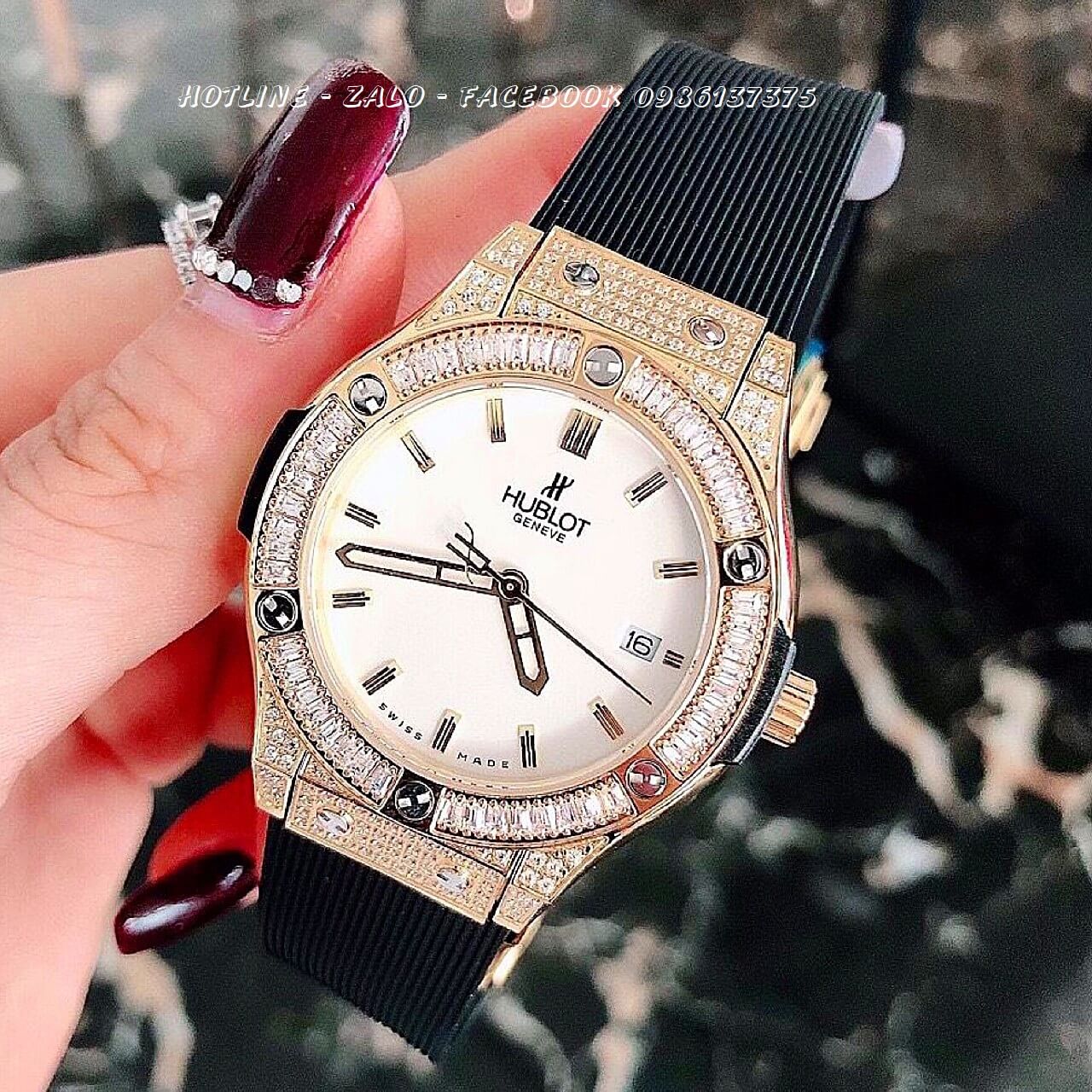 Đồng Hồ Hublot Nữ Dây Silicon Đen Mặt Trắng 34mm (Gold)