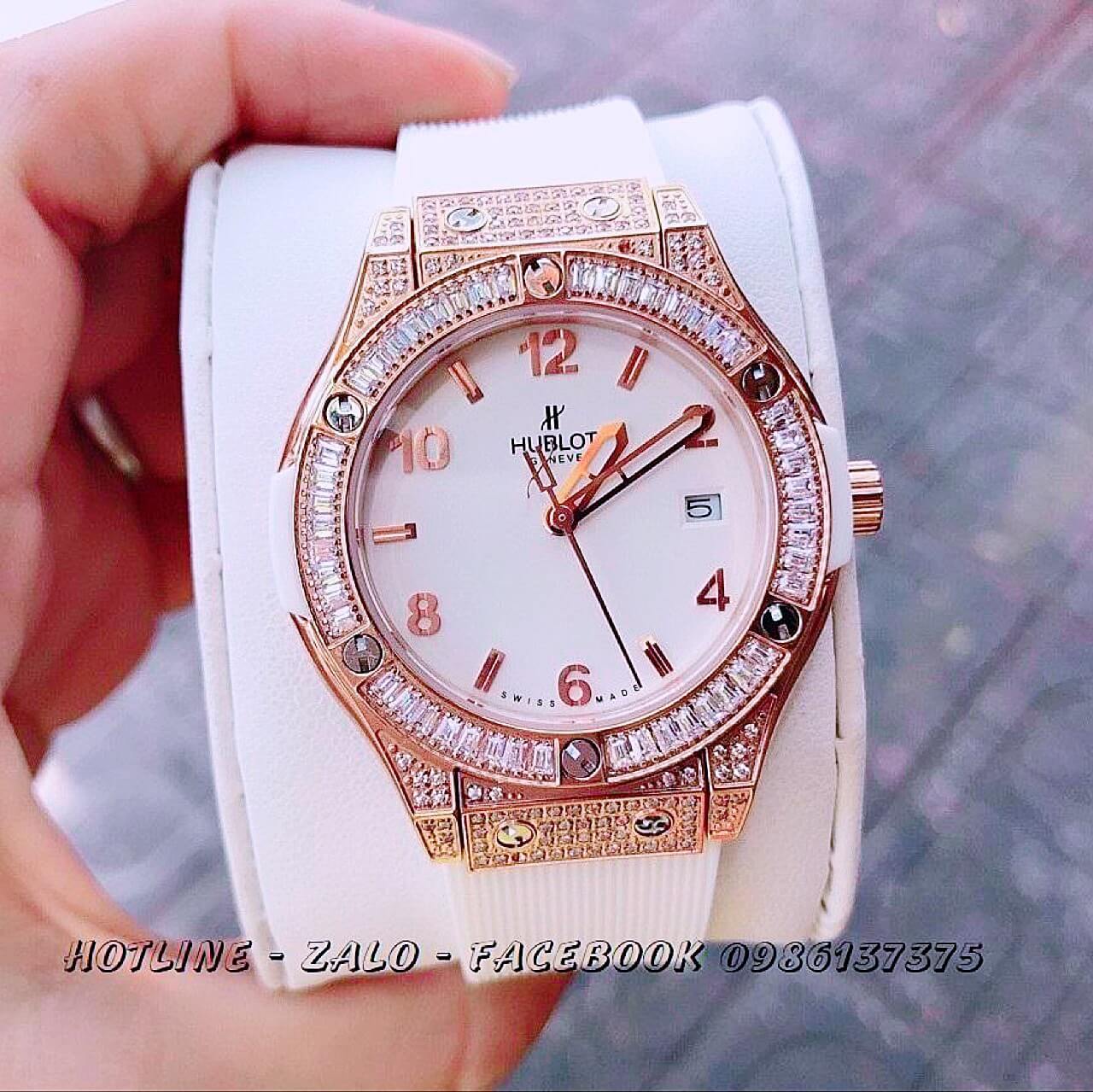 Đồng Hồ Hublot Nữ Silicon Trắng Đính Đá Rose Gold 34mmm