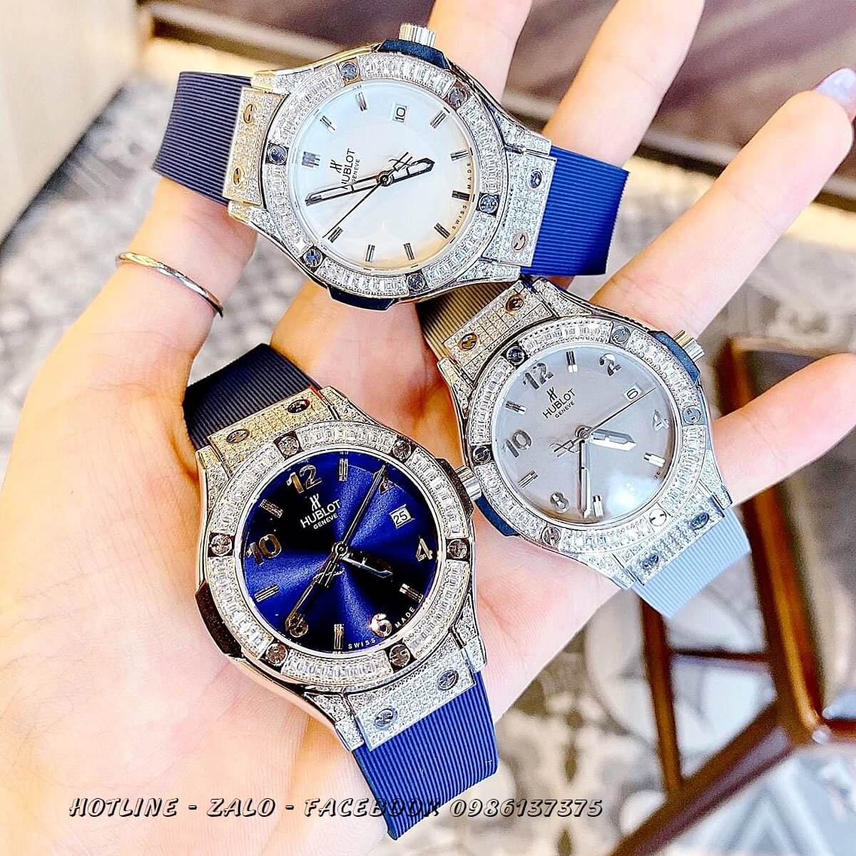 Đồng Hồ Hublot Nữ Silicon Xám Đính Đá Silver 34mmm