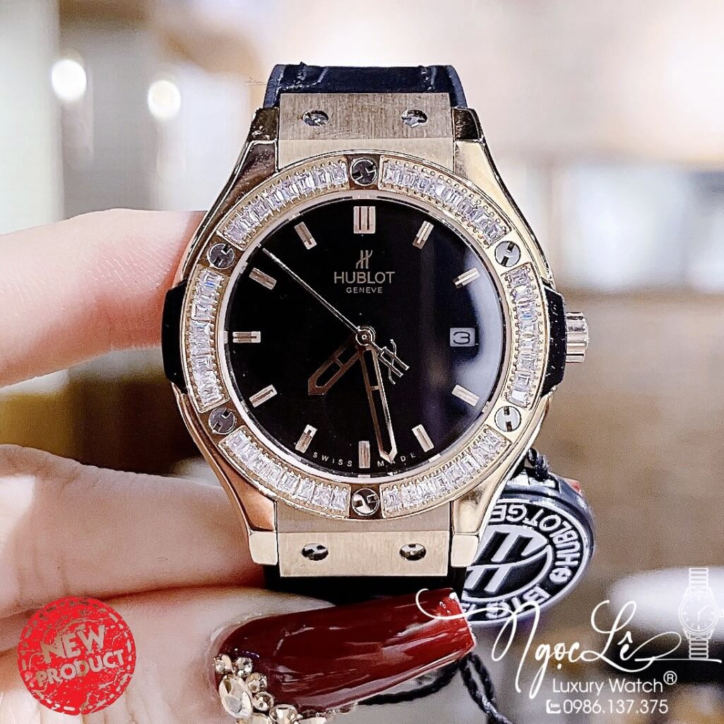 Đồng Hồ Nữ Hublot Classic Fusion Dây Da Silicon Đen Đính Đá Vỏ Rose 34mm