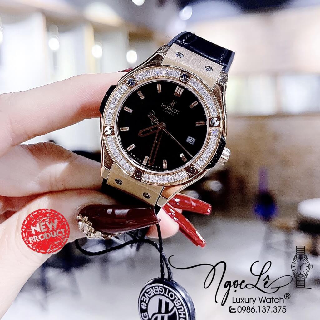 Đồng Hồ Nữ Hublot Classic Fusion Dây Da Silicon Đen Đính Đá Vỏ Rose 34mm