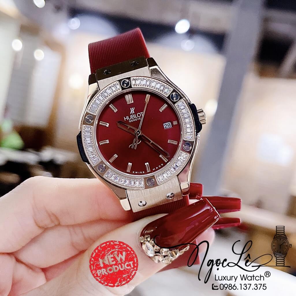 Đồng Hồ Nữ Hublot Classic Fusion Dây Silicon Đỏ Mận Đính Đá Vỏ Rose 34mm