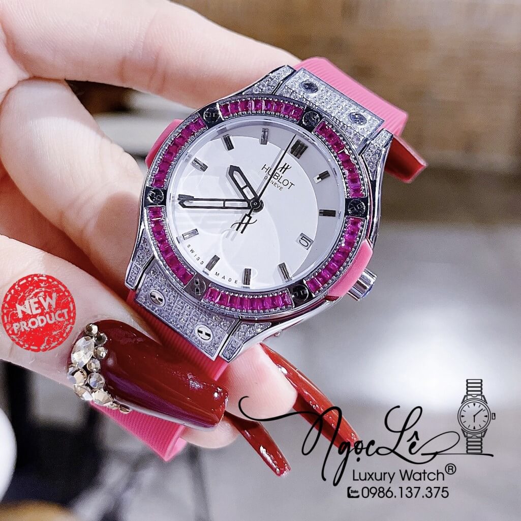 Đồng Hồ Nữ Hublot Classic Fusion Dây Silicon Hồng 34mm Đính Đá Vỏ Silver