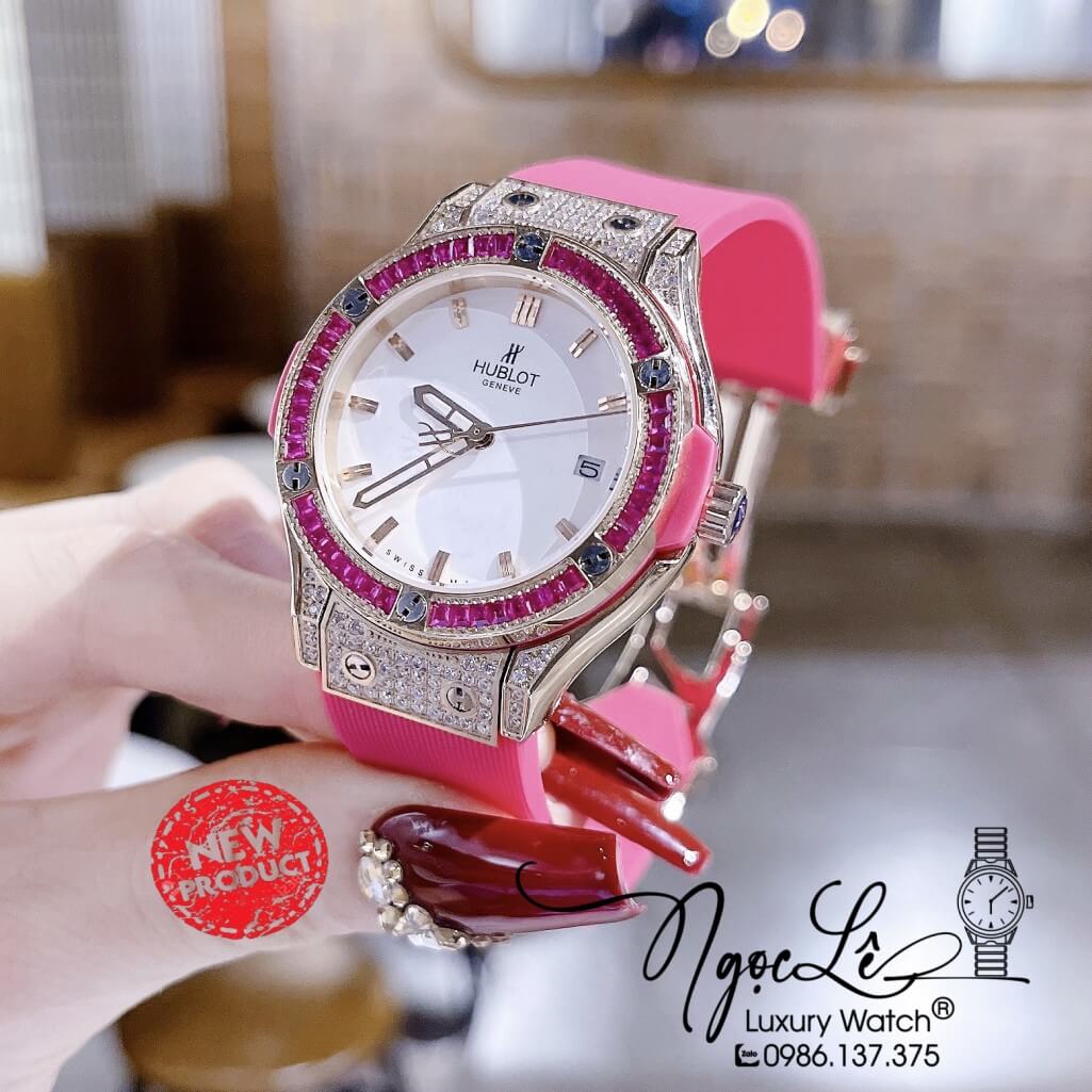 Đồng Hồ Nữ Hublot Classic Fusion Dây Silicon Hồng 34mm Đính Đá Vỏ Rose