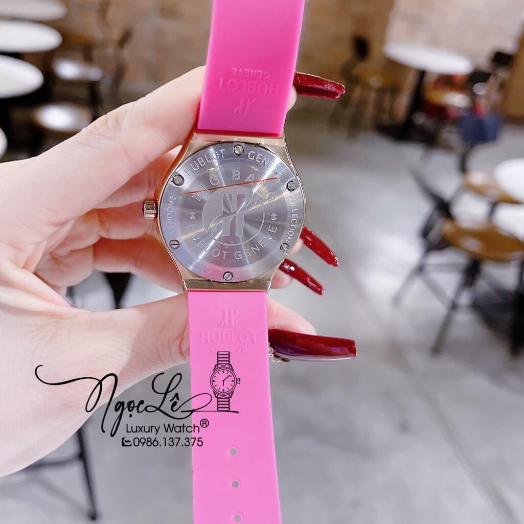 Đồng Hồ Nữ Hublot Classic Fusion Dây Silicon Hồng Niềng Đá Hồng Vỏ Rose 34mm