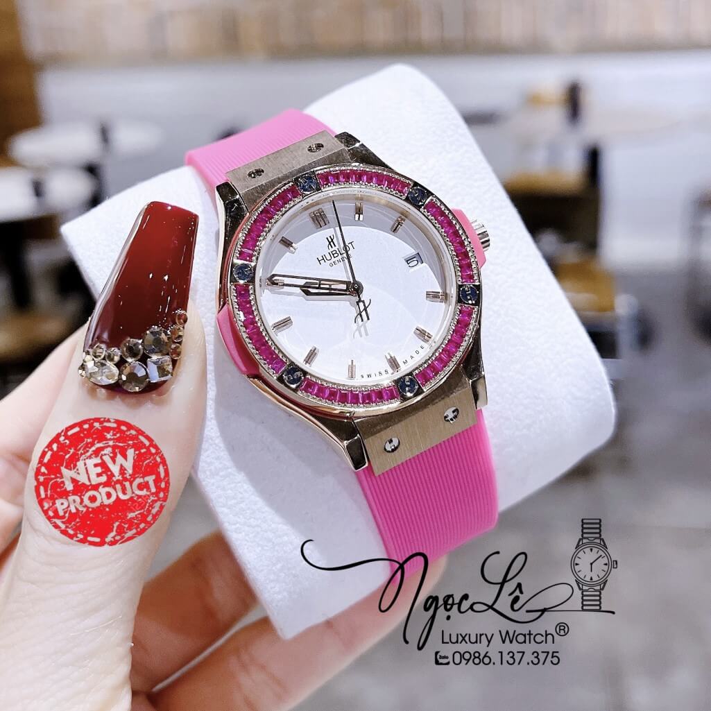 Đồng Hồ Nữ Hublot Classic Fusion Dây Silicon Hồng Niềng Đá Hồng Vỏ Rose 34mm