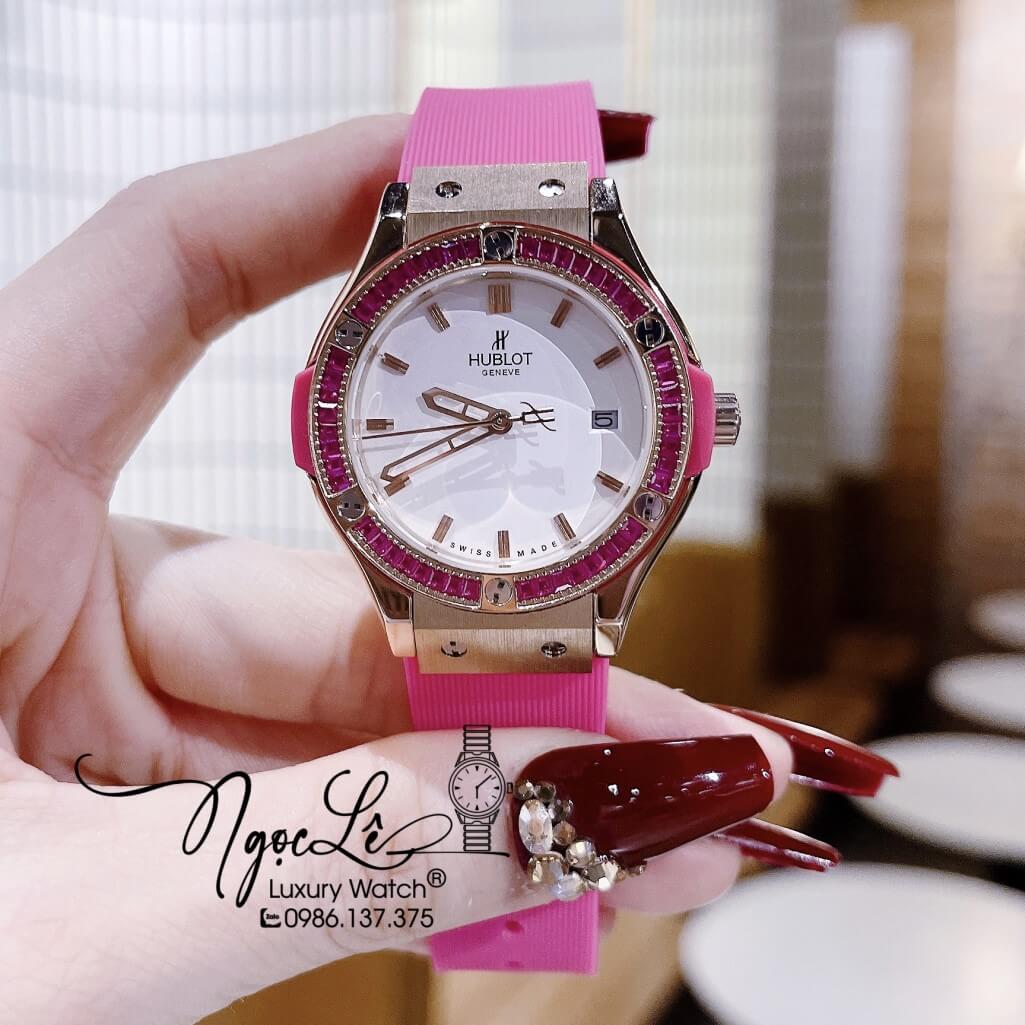 Đồng Hồ Nữ Hublot Classic Fusion Dây Silicon Hồng Niềng Đá Hồng Vỏ Rose 34mm