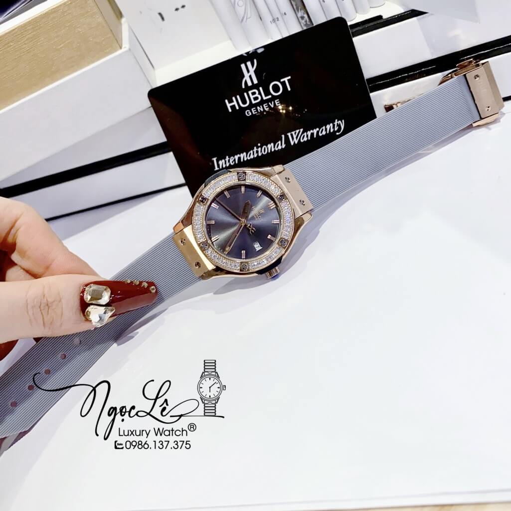 Đồng Hồ Nữ Hublot Classic Fusion Dây Silicon Xám Đính Đá Vỏ Rose 34mm