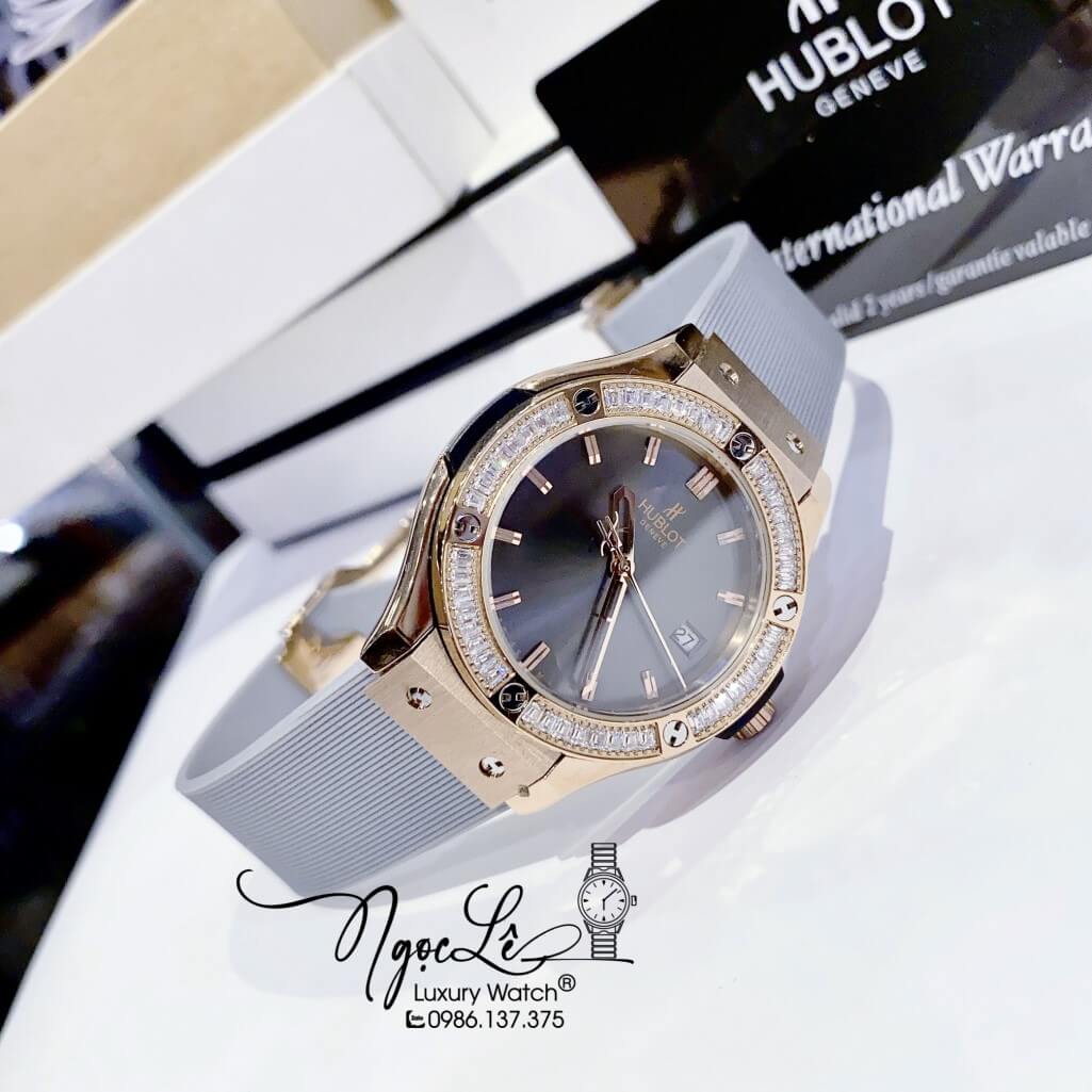 Đồng Hồ Nữ Hublot Classic Fusion Dây Silicon Xám Đính Đá Vỏ Rose 34mm