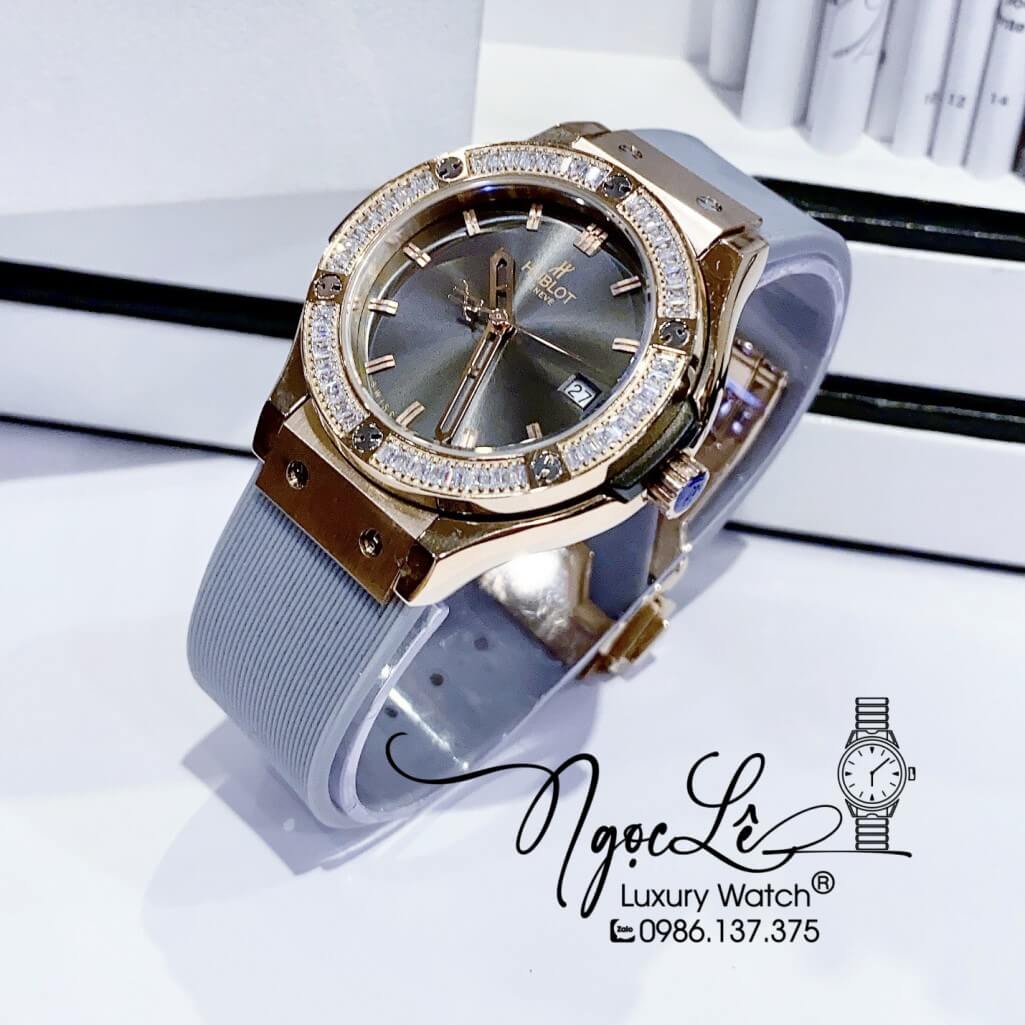 Đồng Hồ Nữ Hublot Classic Fusion Dây Silicon Xám Đính Đá Vỏ Rose 34mm