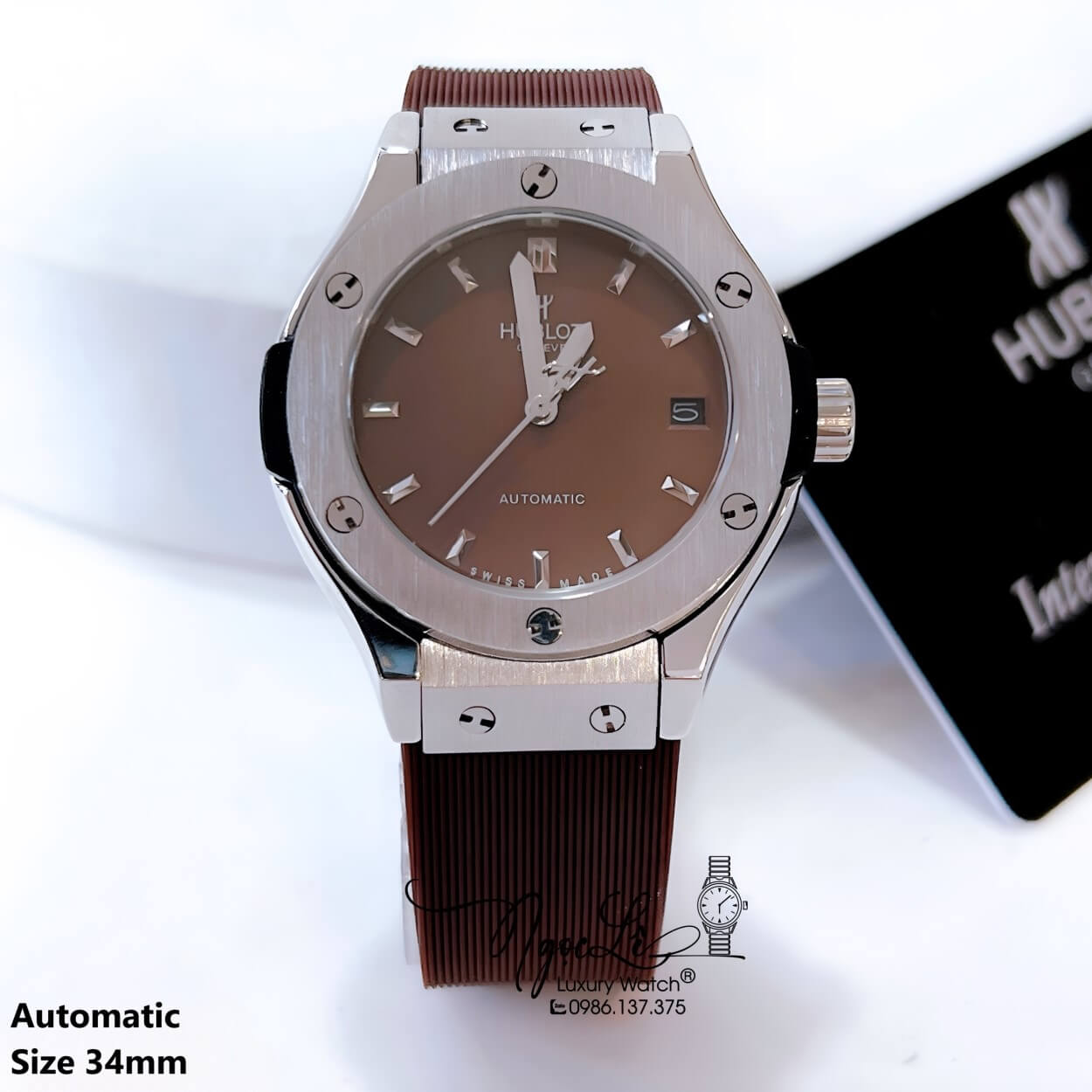 Đồng Hồ Hublot Classic Fusion Nữ Máy Cơ Tự Động Dây Silicon Nâu Vỏ Thép Silver Size 34mm