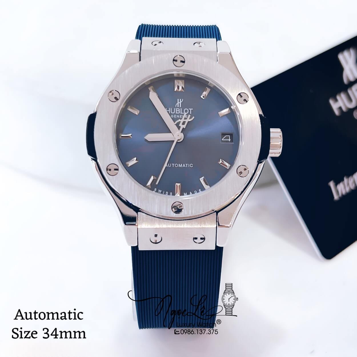 Đồng Hồ Hublot Classic Fusion Nữ Máy Cơ Tự Động Dây Silicon Xanh Navy Vỏ Thép Silver Size 34mm