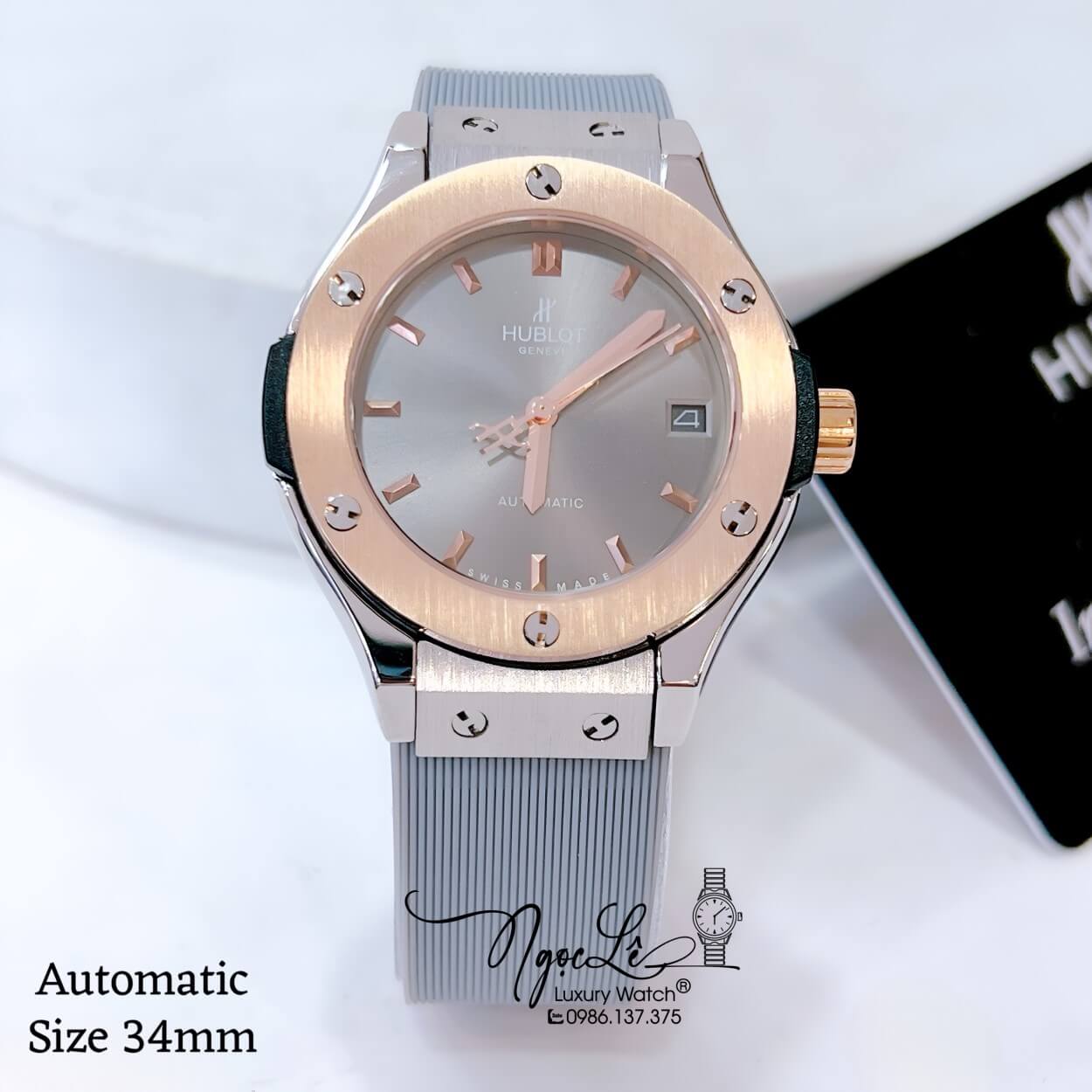 Đồng Hồ Hublot Classic Fusion Nữ Máy Cơ Tự Động Dây Silicon Xám Vỏ Demi Rose Size 34mm