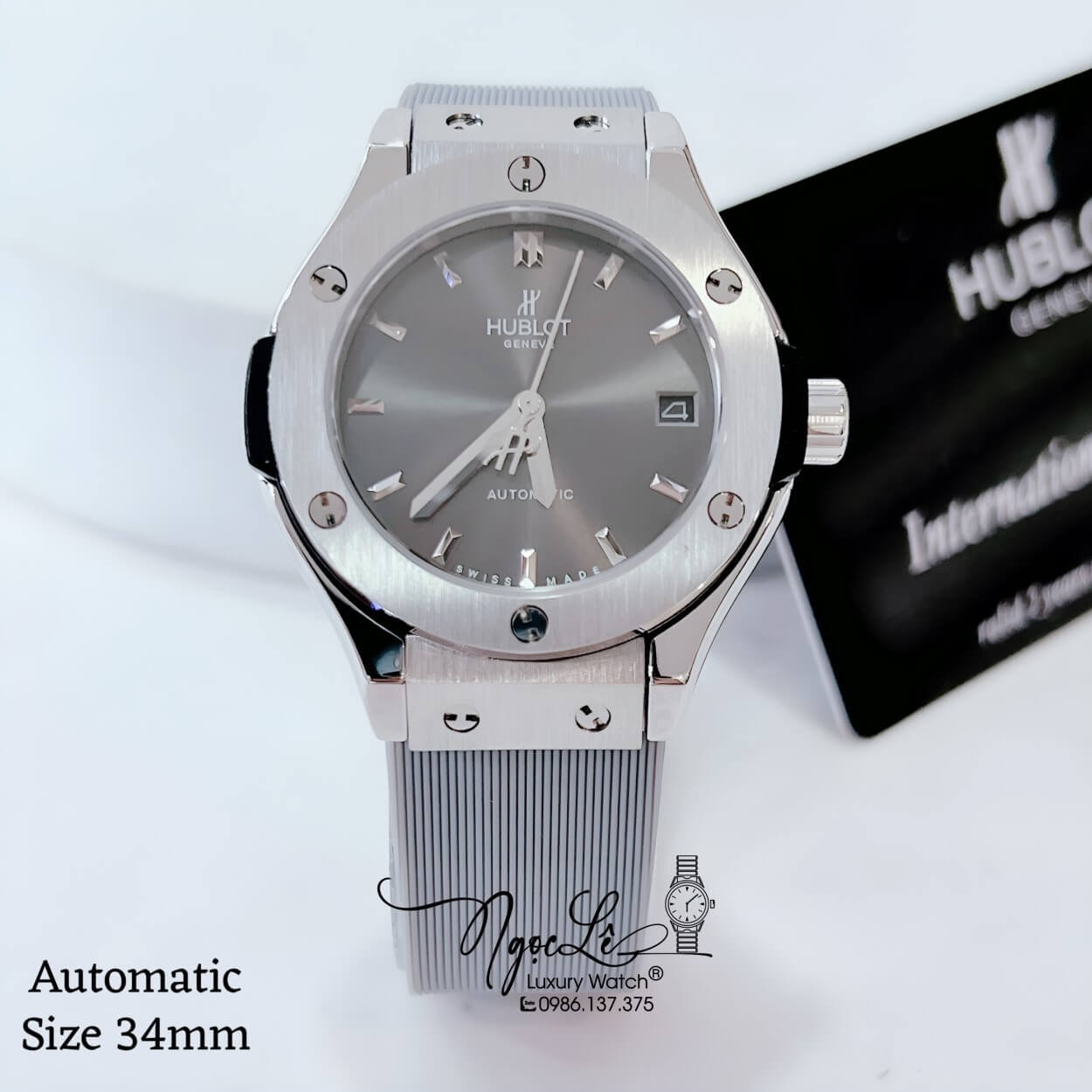 Đồng Hồ Hublot Classic Fusion Nữ Máy Cơ Tự Động Dây Silicon Xám Vỏ Thép Silver Size 34mm