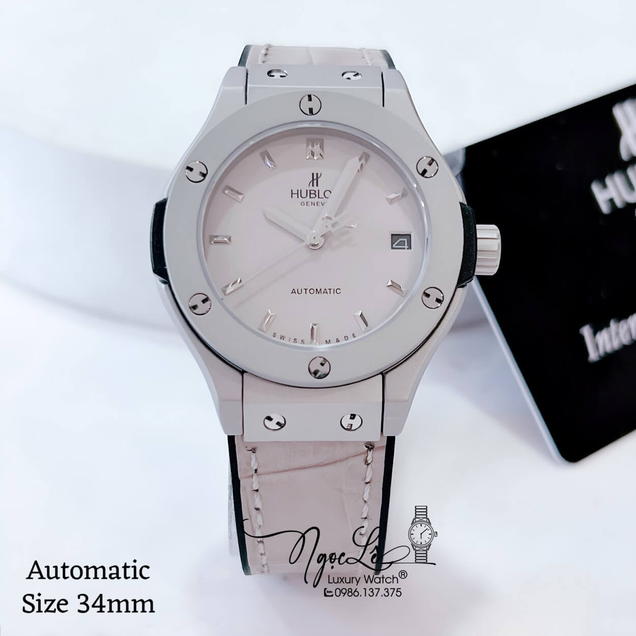 Đồng Hồ Hublot Classic Fusion Nữ Máy Cơ Tự Động Dây Da Silicon Xám Vỏ Thép Mờ Size 34mm