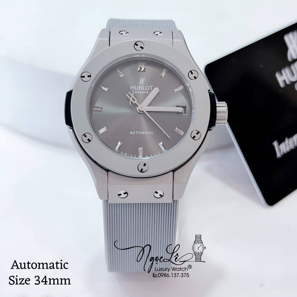 Đồng Hồ Hublot Classic Fusion Nữ Máy Cơ Tự Động Dây Silicon Xám Vỏ Thép Mờ Size 34mm