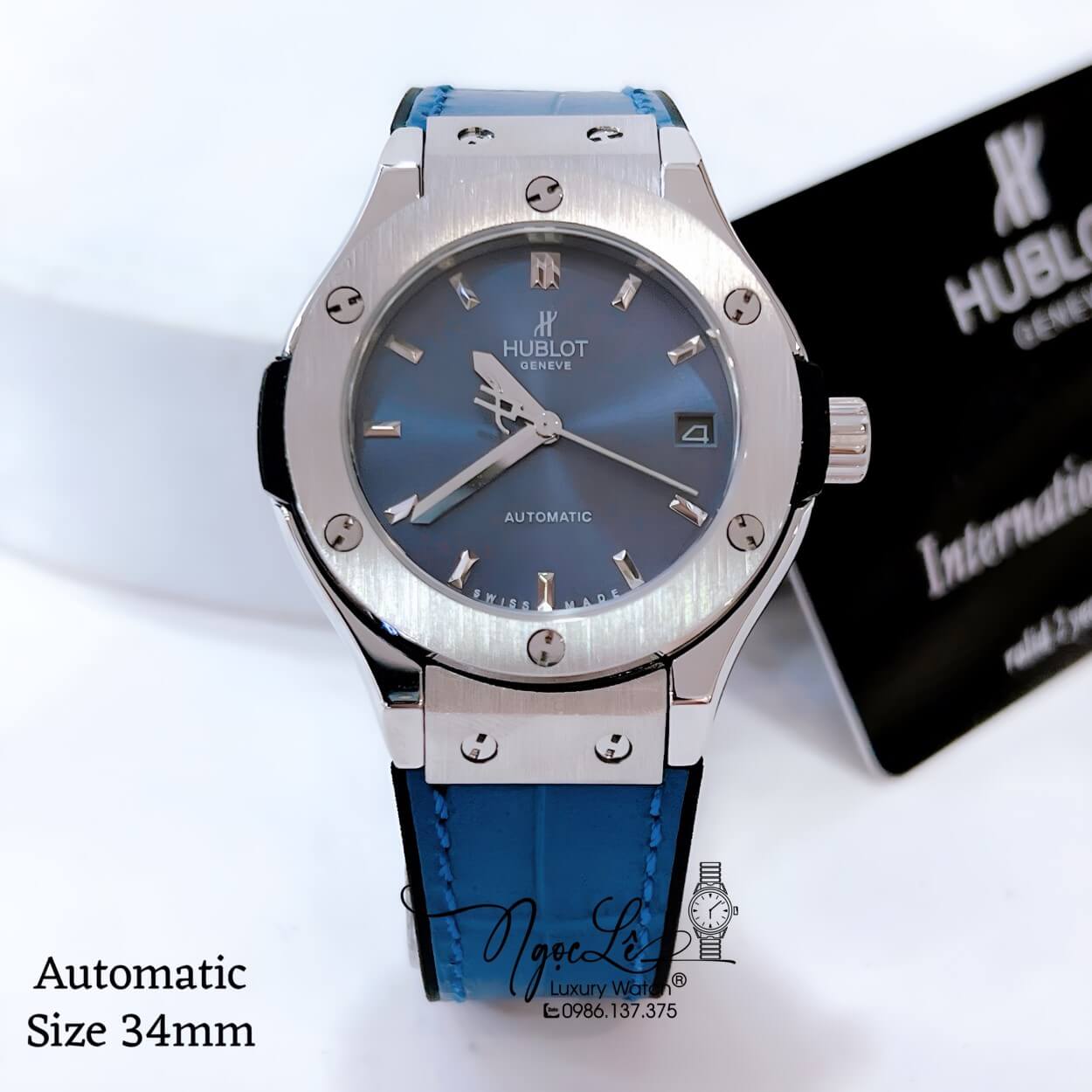 Đồng Hồ Hublot Classic Fusion Nữ Máy Cơ Tự Động Dây Da Silicon Xanh Navy Vỏ Thép Silver Size 34mm