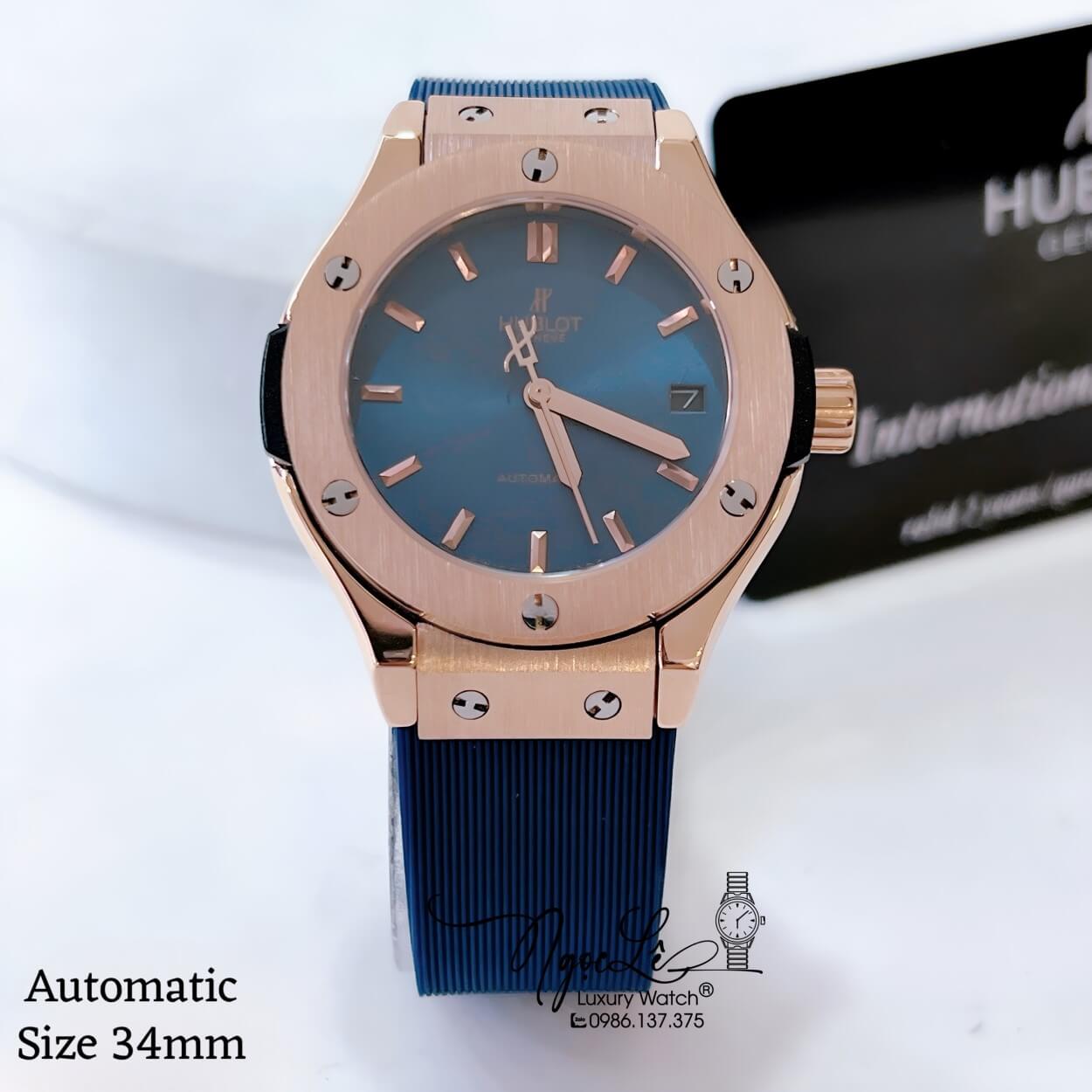 Đồng Hồ Hublot Classic Fusion Nữ Máy Cơ Tự Động Dây Silicon Xanh Navy Vỏ Rose Size 34mm