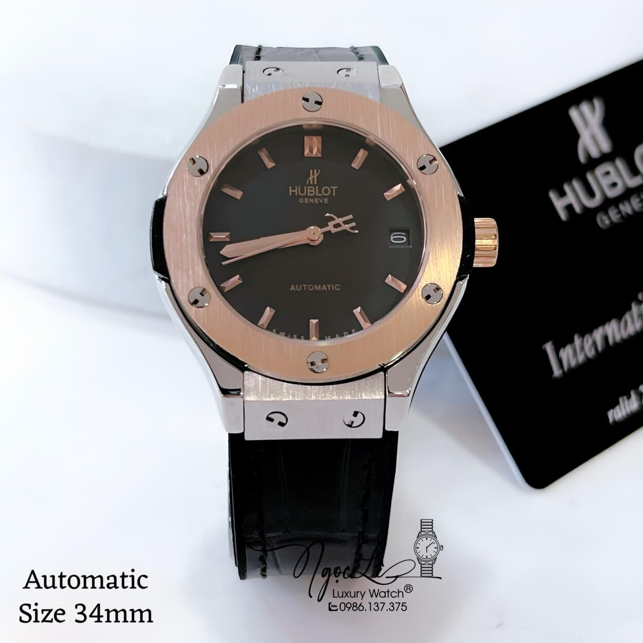 Đồng Hồ Hublot Classic Fusion Nữ Máy Cơ Tự Động Dây Da Silicon Đen Vỏ Demi Rose Size 34mm