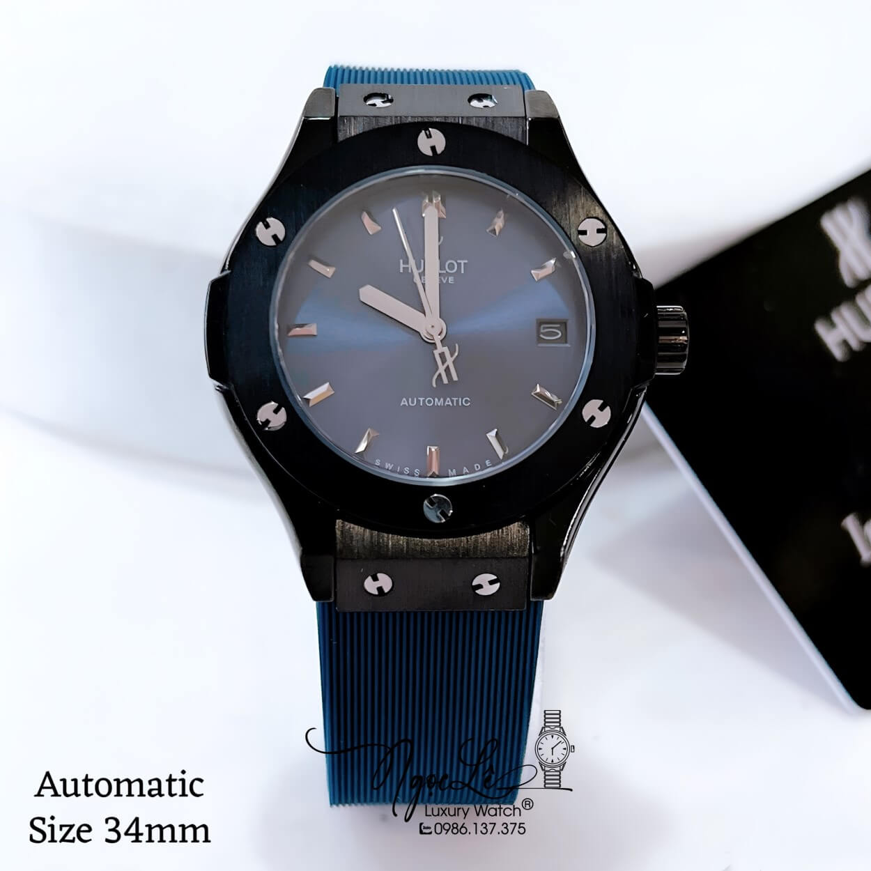 Đồng Hồ Hublot Classic Fusion Nữ Máy Cơ Tự Động Dây Silicon Xanh Navy Vỏ Đen Size 34mm