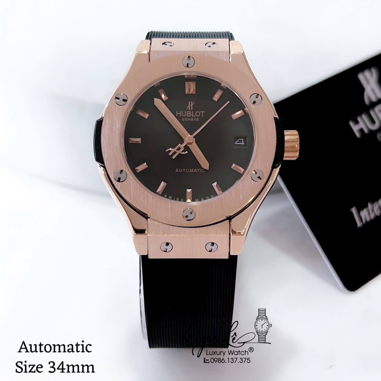 Đồng Hồ Hublot Classic Fusion Nữ Máy Cơ Tự Động Dây Silicon Đen Vỏ Rose Size 34mm