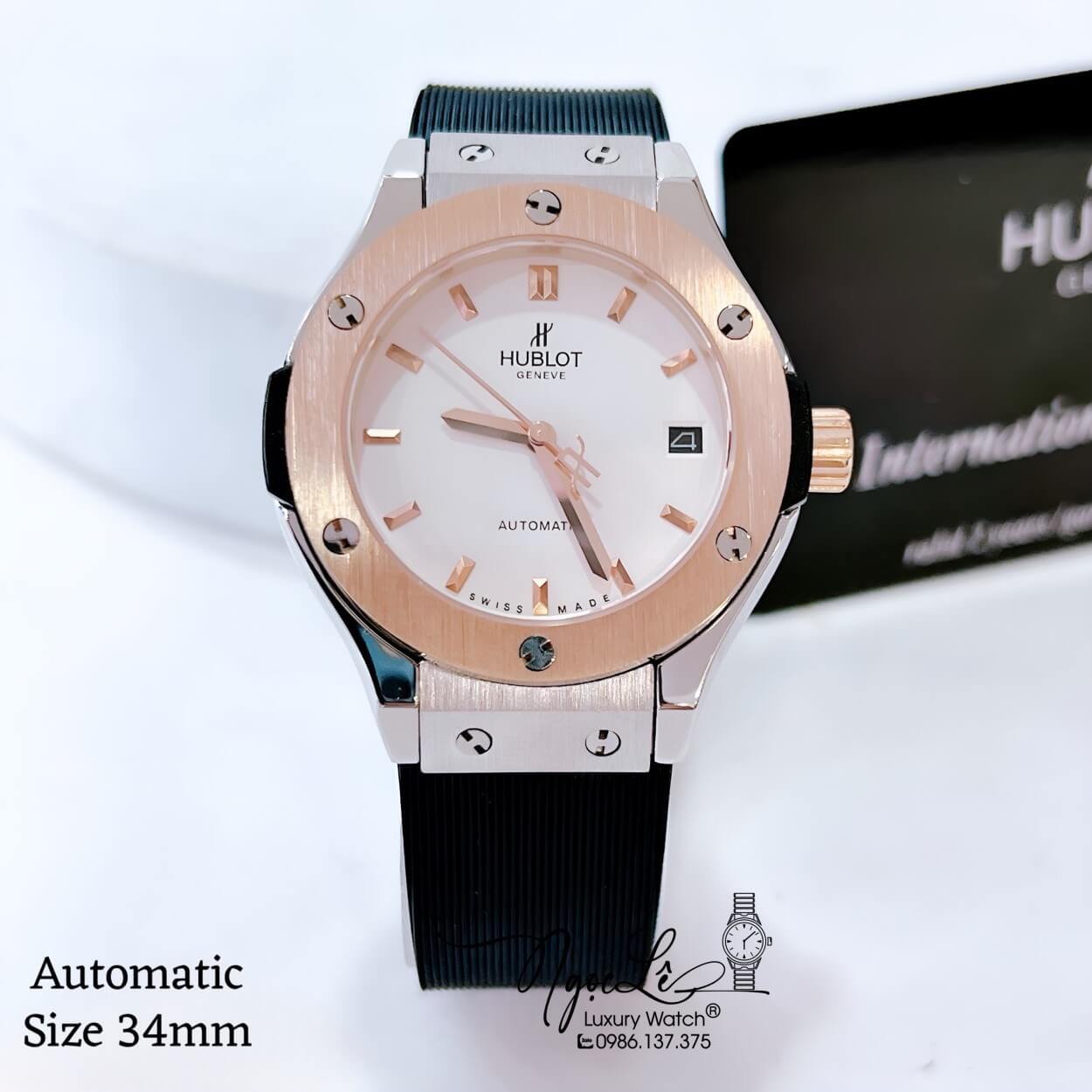 Đồng Hồ Hublot Classic Fusion Nữ Máy Cơ Tự Động Dây Silicon Đen Vỏ Demi Rose Size 34mm