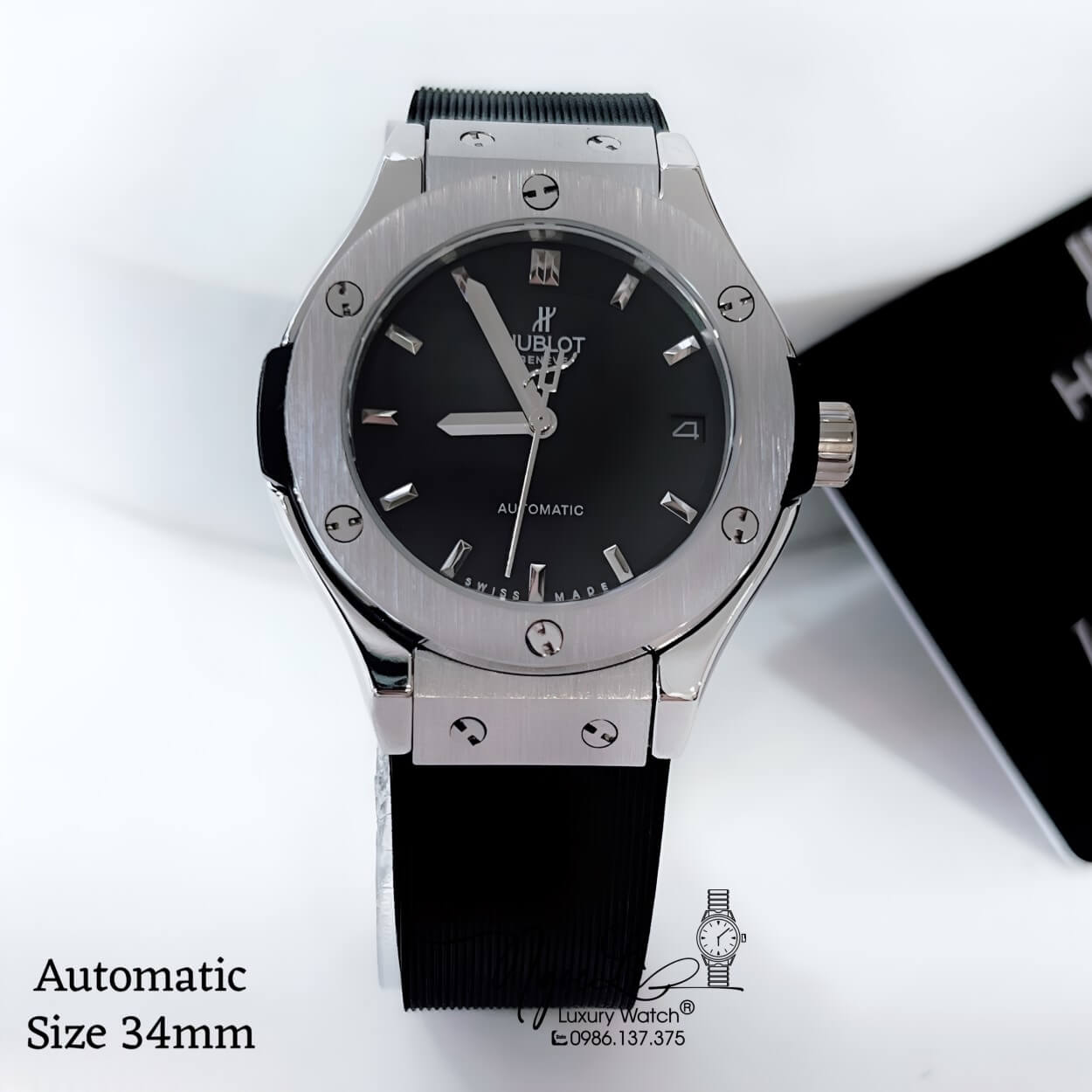 Đồng Hồ Hublot Classic Fusion Nữ Máy Cơ Tự Động Dây Silicon Đen Vỏ Thép Silver Size 34mm