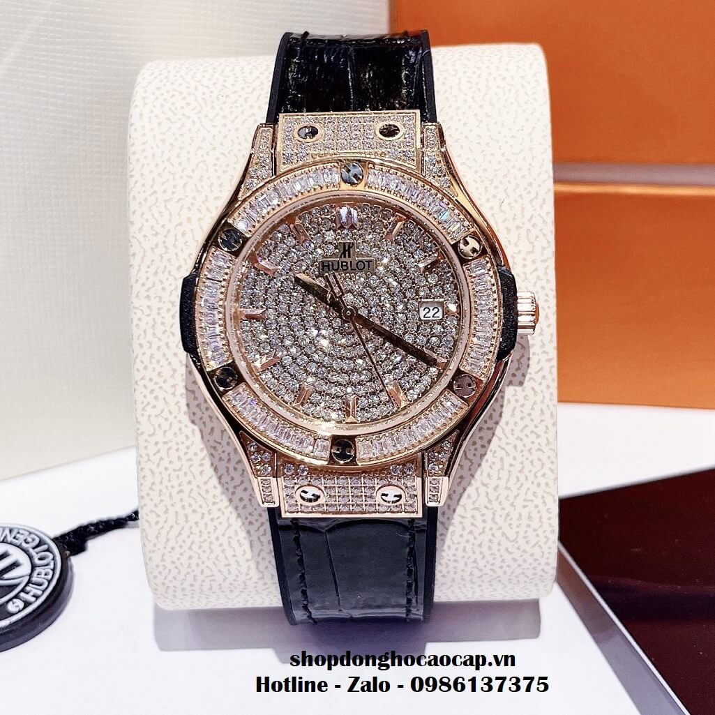 Đồng Hồ Hublot Classic Fusion Dây Da Silicon Đen Đính Đá Rose 34mm