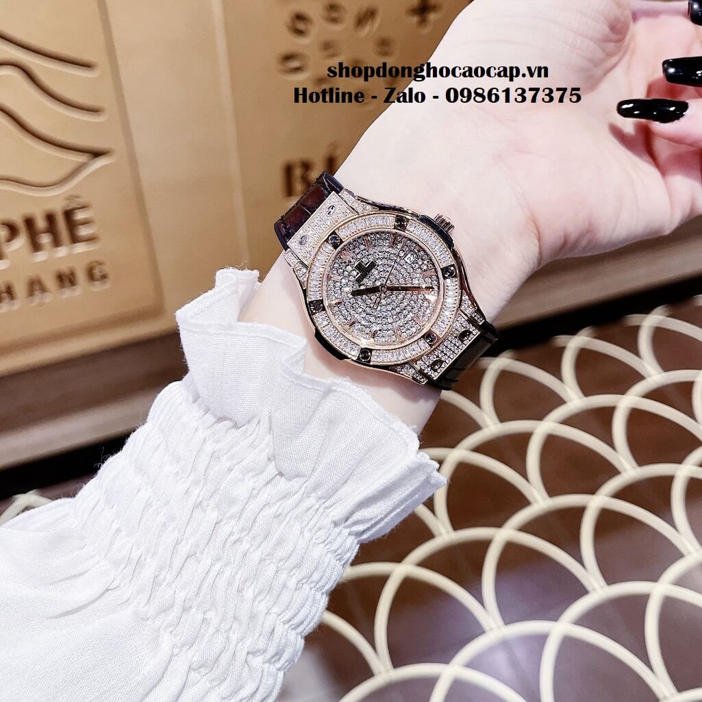 Đồng Hồ Hublot Classic Fusion Dây Da Silicon Đen Đính Đá Rose 34mm