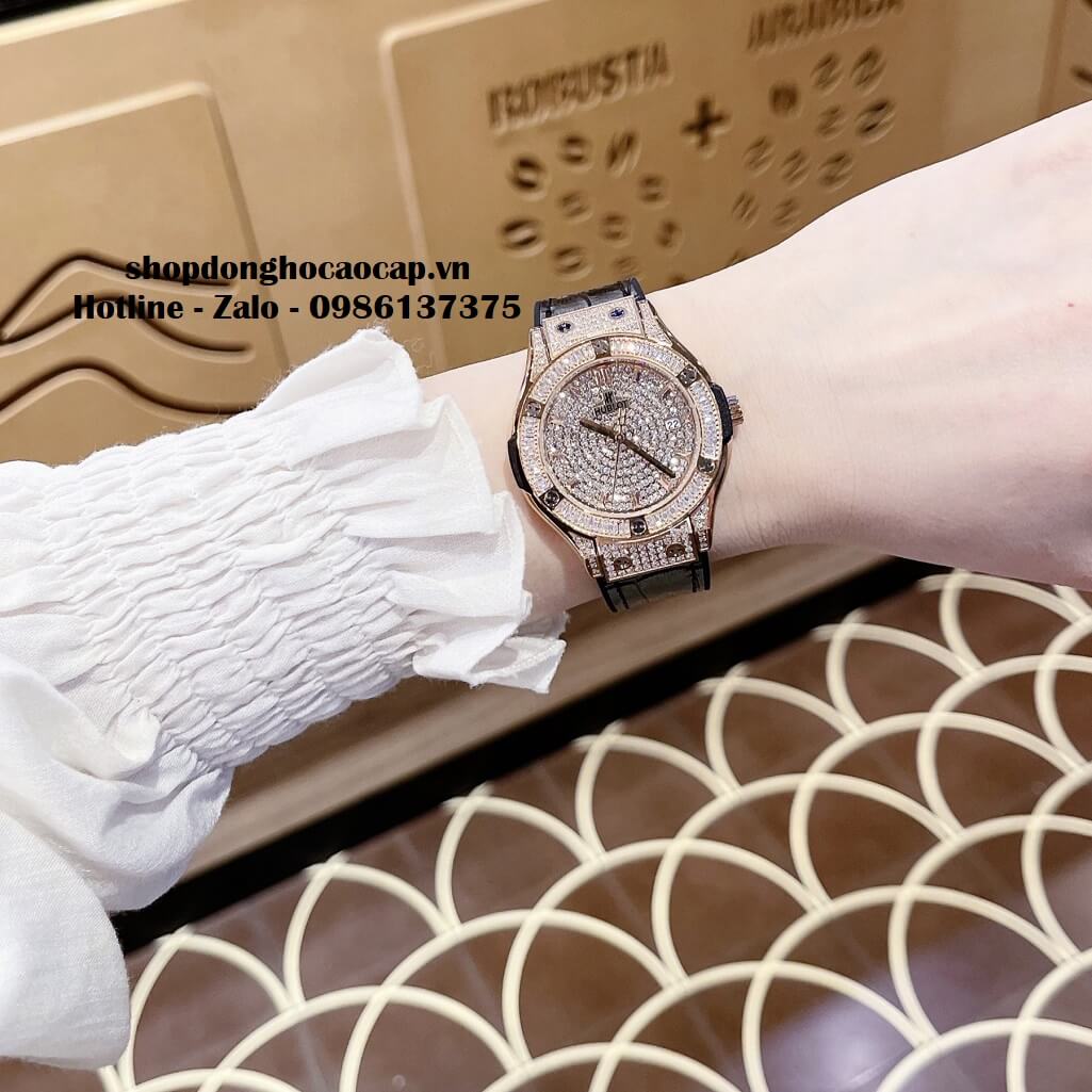 Đồng Hồ Hublot Classic Fusion Dây Da Silicon Đen Đính Đá Rose 34mm