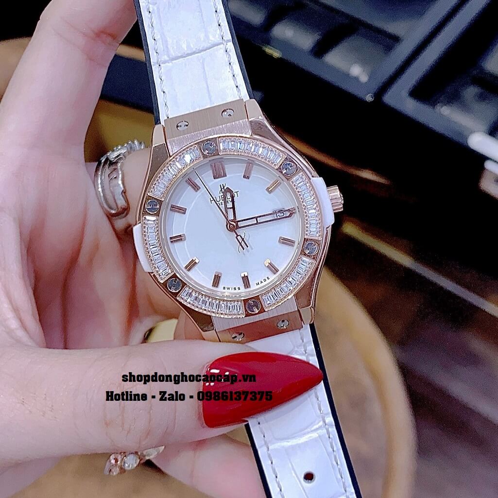 Đồng Hồ Nữ Hublot Classic Fusion Dây Da Silicon Trắng 34mm Đính Đá