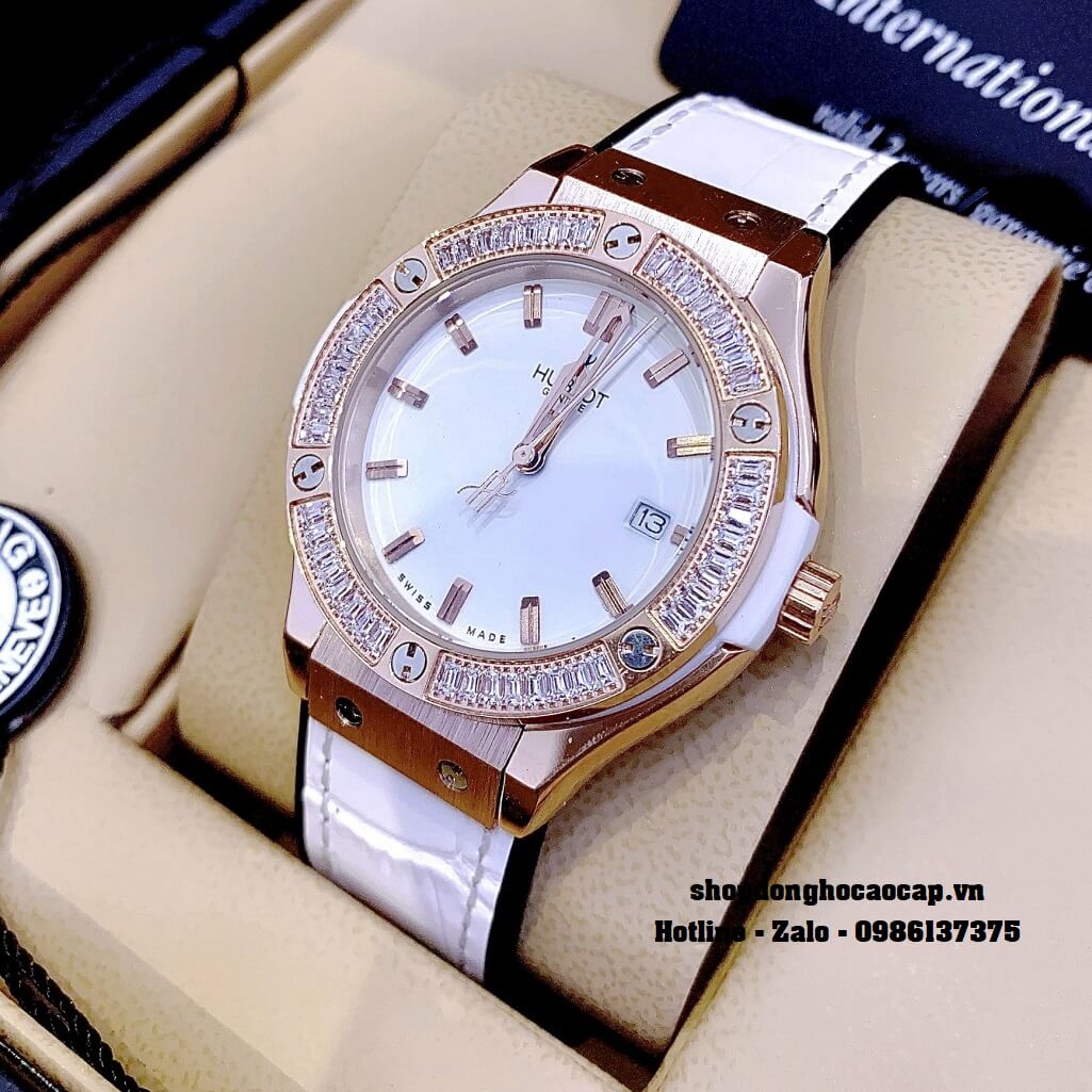 Đồng Hồ Nữ Hublot Classic Fusion Dây Da Silicon Trắng 34mm Đính Đá