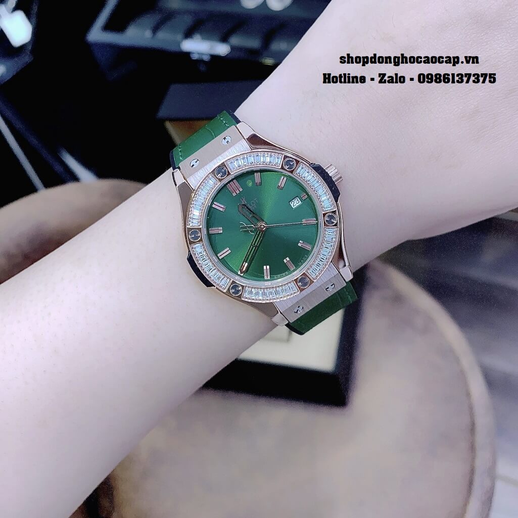 Đồng Hồ Nữ Hublot Classic Fusion Dây Da Silicon Xanh Lá 34mm Đính Đá