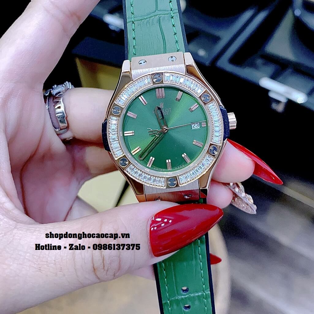 Đồng Hồ Nữ Hublot Classic Fusion Dây Da Silicon Xanh Lá 34mm Đính Đá