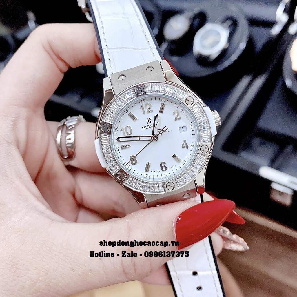 Đồng Hồ Nữ Hublot Classic Fusion Dây Da Silicon Trắng Đính Đá 34mm