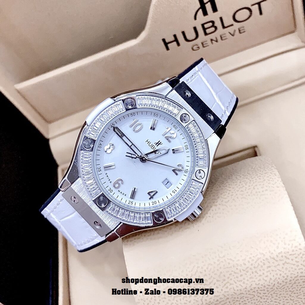Đồng Hồ Nữ Hublot Classic Fusion Dây Da Silicon Trắng Đính Đá 34mm
