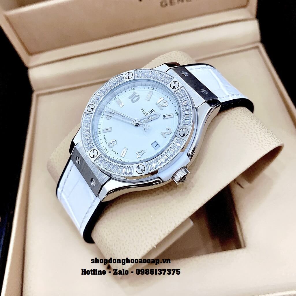 Đồng Hồ Nữ Hublot Classic Fusion Dây Da Silicon Trắng Đính Đá 34mm