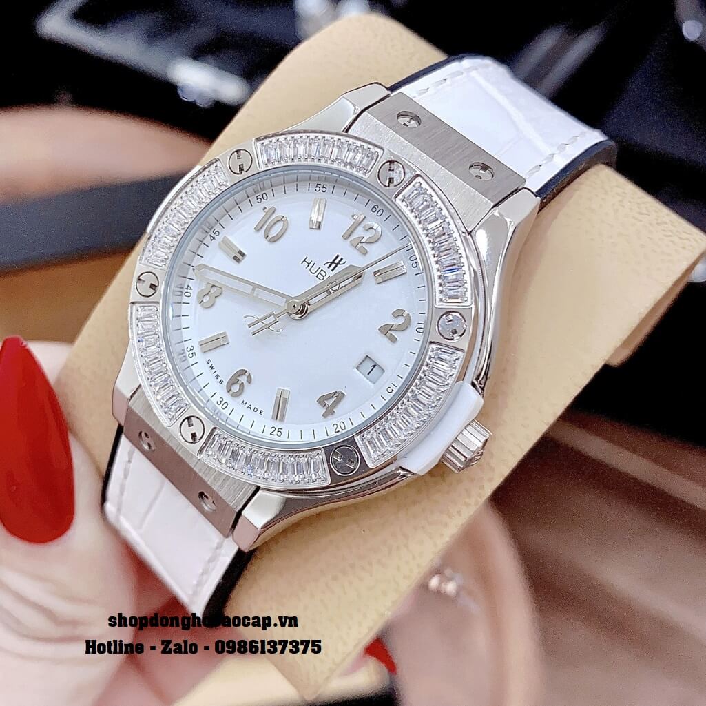 Đồng Hồ Nữ Hublot Classic Fusion Dây Da Silicon Trắng Đính Đá 34mm