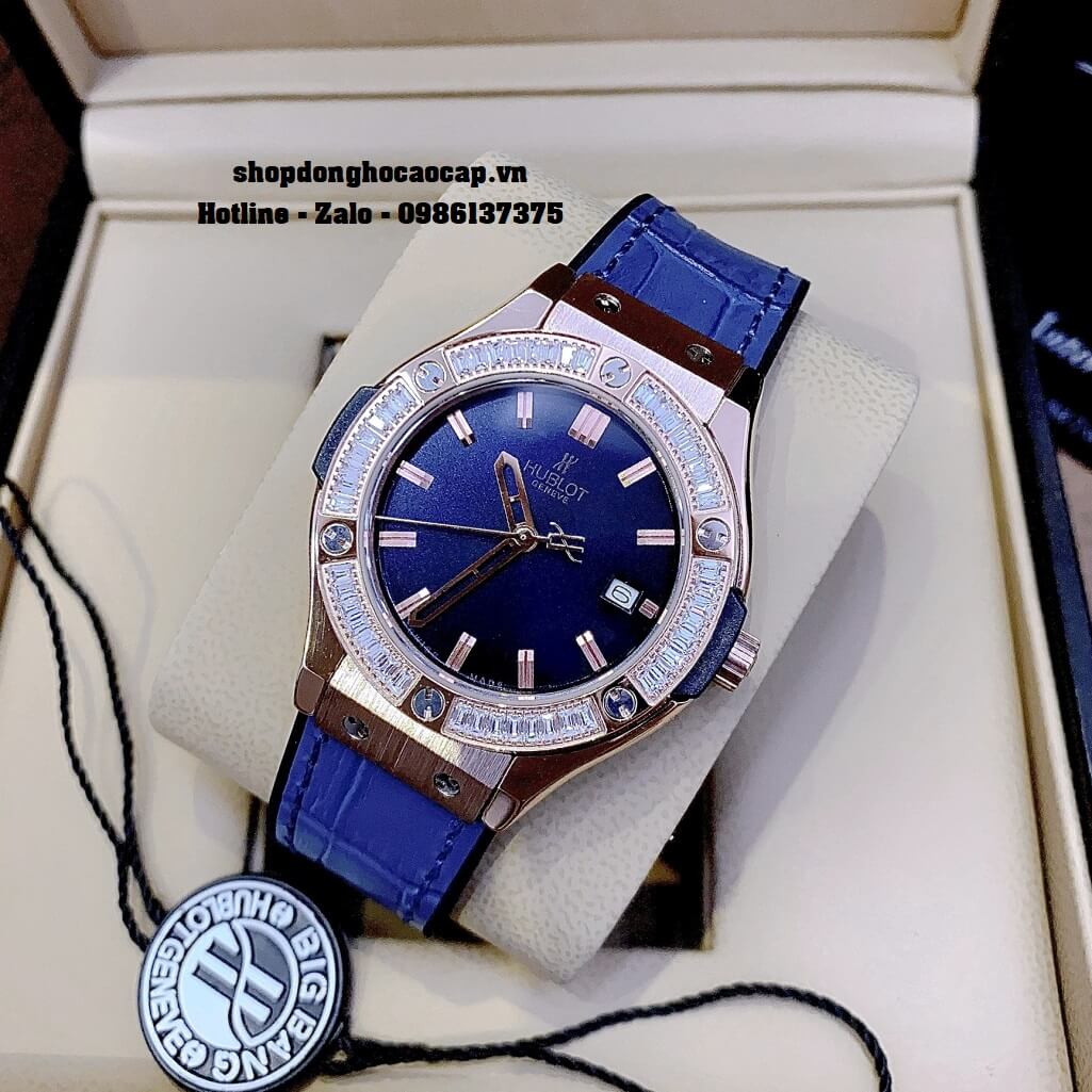 Đồng Hồ Nữ Hublot Classic Fusion Dây Da Silicon Xanh 34mm Đính Đá