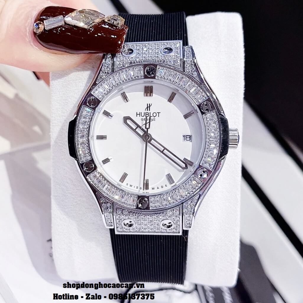 Đồng Hồ Nữ Hublot Classic Fusion Dây Silicon Đen 34mm Đính Đá Silver