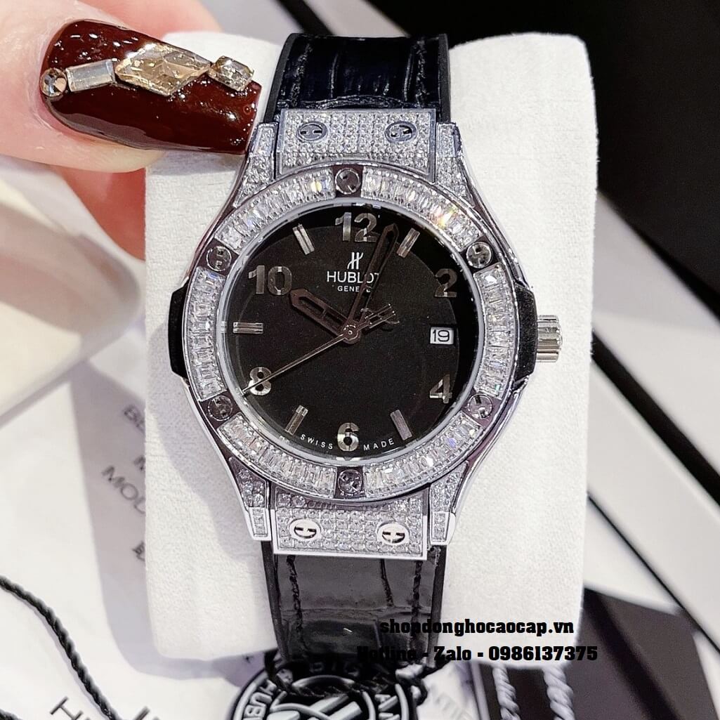 Đồng Hồ Nữ Hublot Classic Fusion Dây Silicon Đen Mặt Đen 34mm Đính Đá Silver