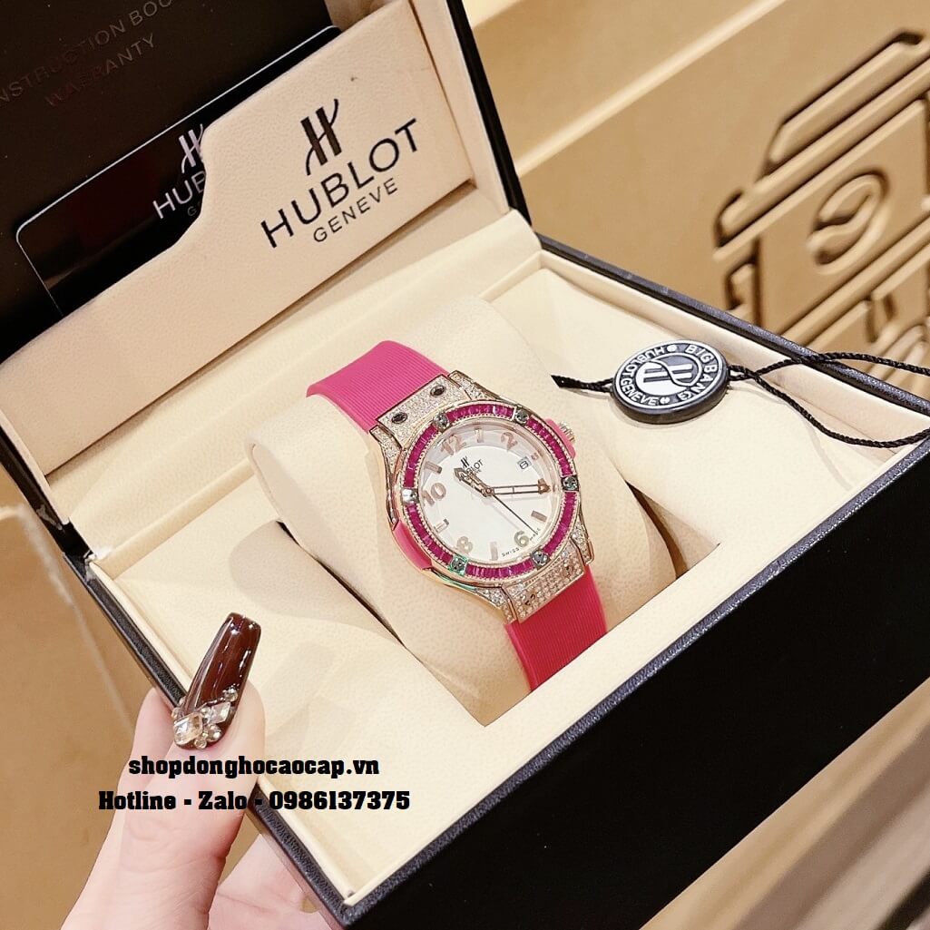 Đồng Hồ Nữ Hublot Classic Fusion Dây Silicon Hồng 34mm Đính Đá Rose