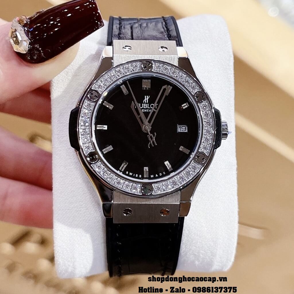 Đồng Hồ Nữ Hublot Classic Fusion Dây Silicon Đen Mặt Đen Đá Rose 34mm
