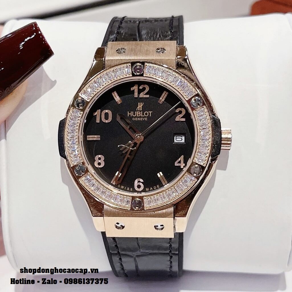 Đồng Hồ Nữ Hublot Classic Fusion Dây Da Silicon Đen 34mm Đính Đá Rose