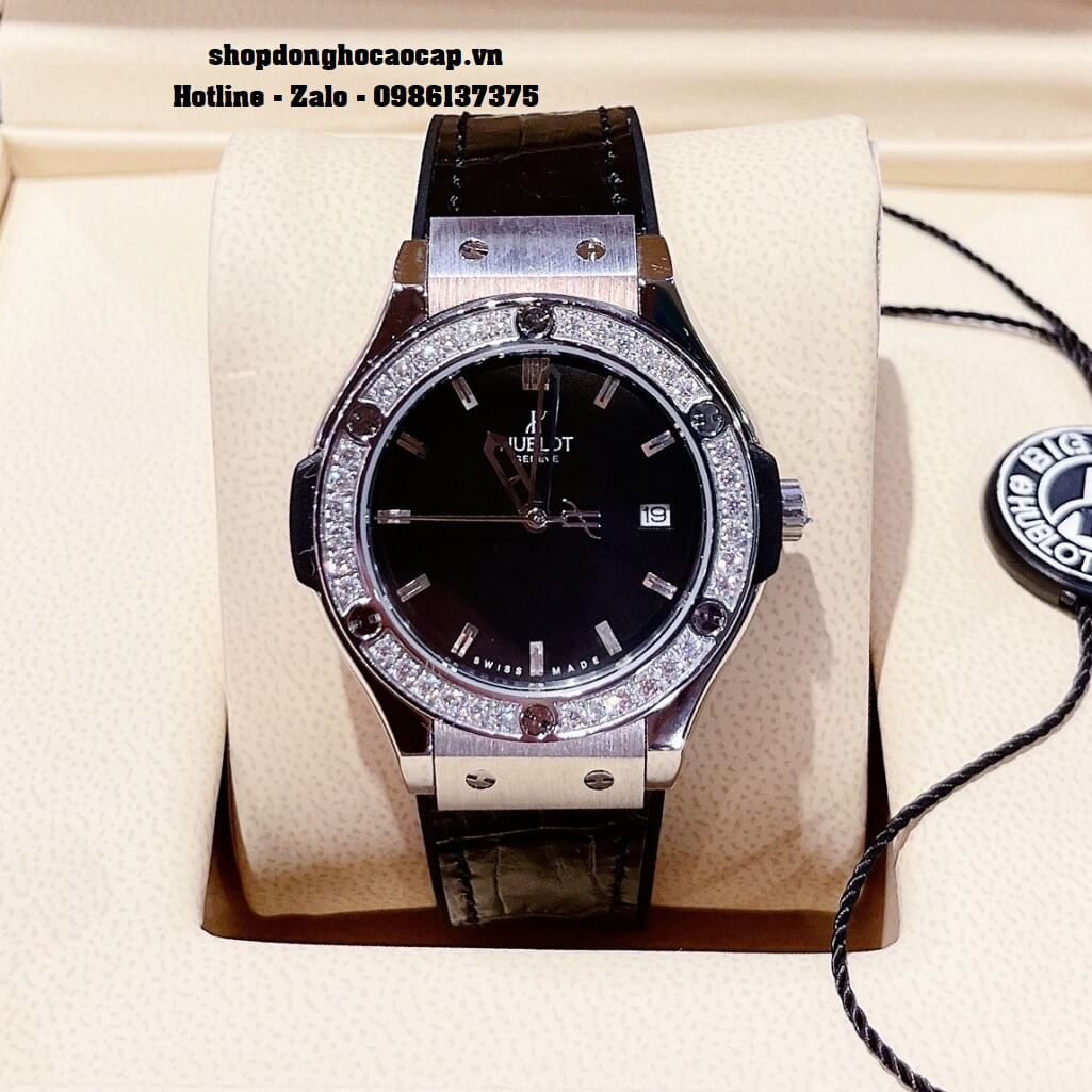 Đồng Hồ Nữ Hublot Classic Fusion Dây Silicon Đen Mặt Đen Đá Rose 34mm