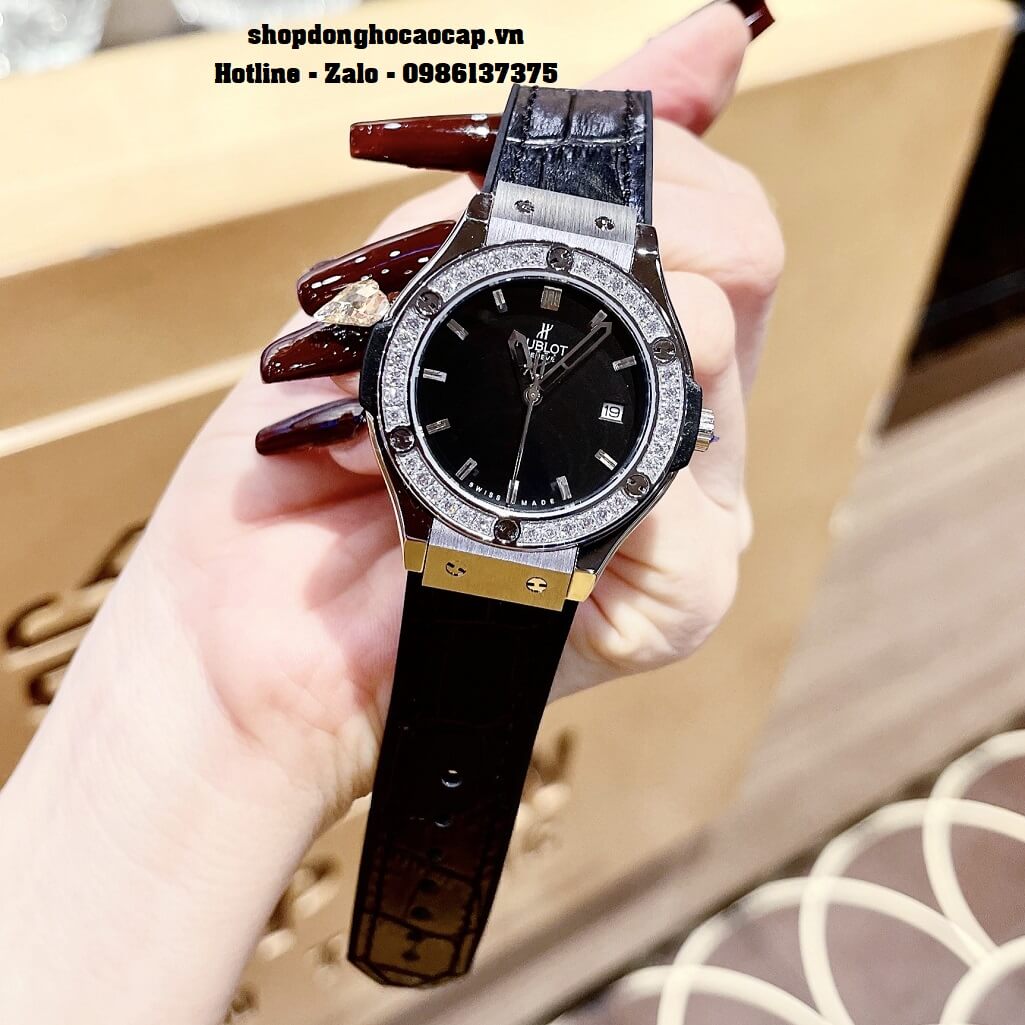 Đồng Hồ Nữ Hublot Classic Fusion Dây Silicon Đen Mặt Đen Đá Rose 34mm