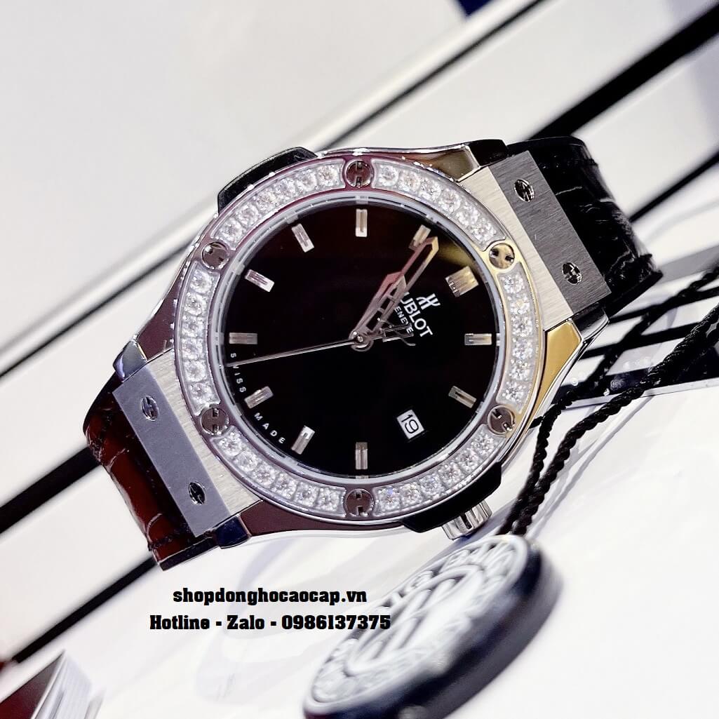 Đồng Hồ Nữ Hublot Classic Fusion Dây Silicon Đen Mặt Đen Đá Rose 34mm