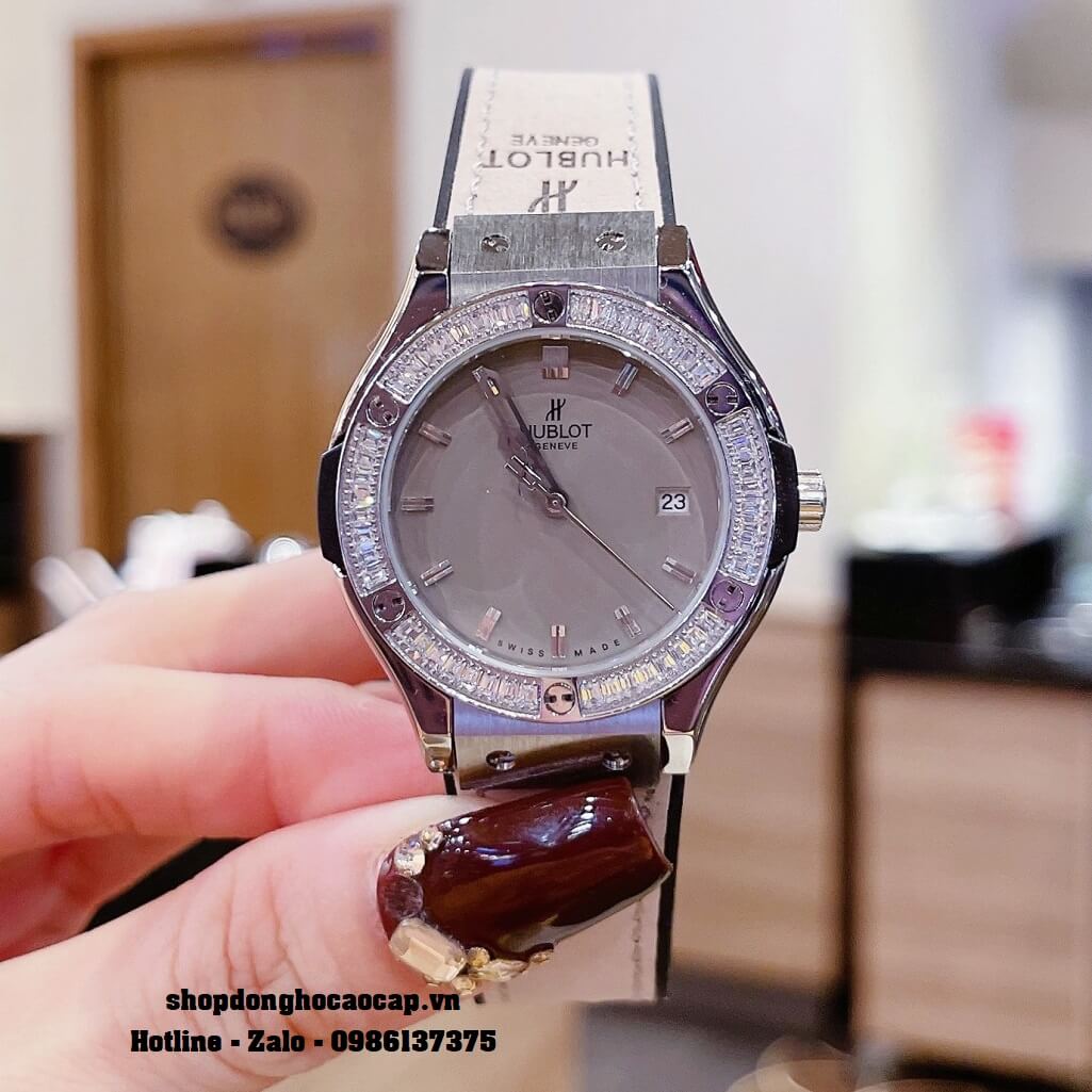 Đồng Hồ Nữ Hublot Classic Fusion Dây Da Silicon Xám 34mm Đính Đá