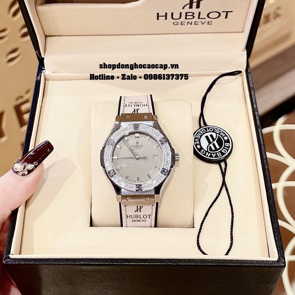 Đồng Hồ Nữ Hublot Classic Fusion Dây Da Silicon Xám 34mm Đính Đá